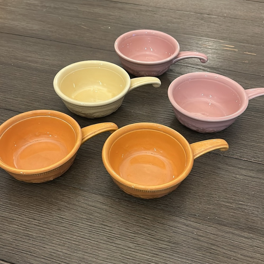 Vintage Set of Colorful Ceramic Soup Bowls oven serve ware handles 5 pieces - Picture 2 of 9